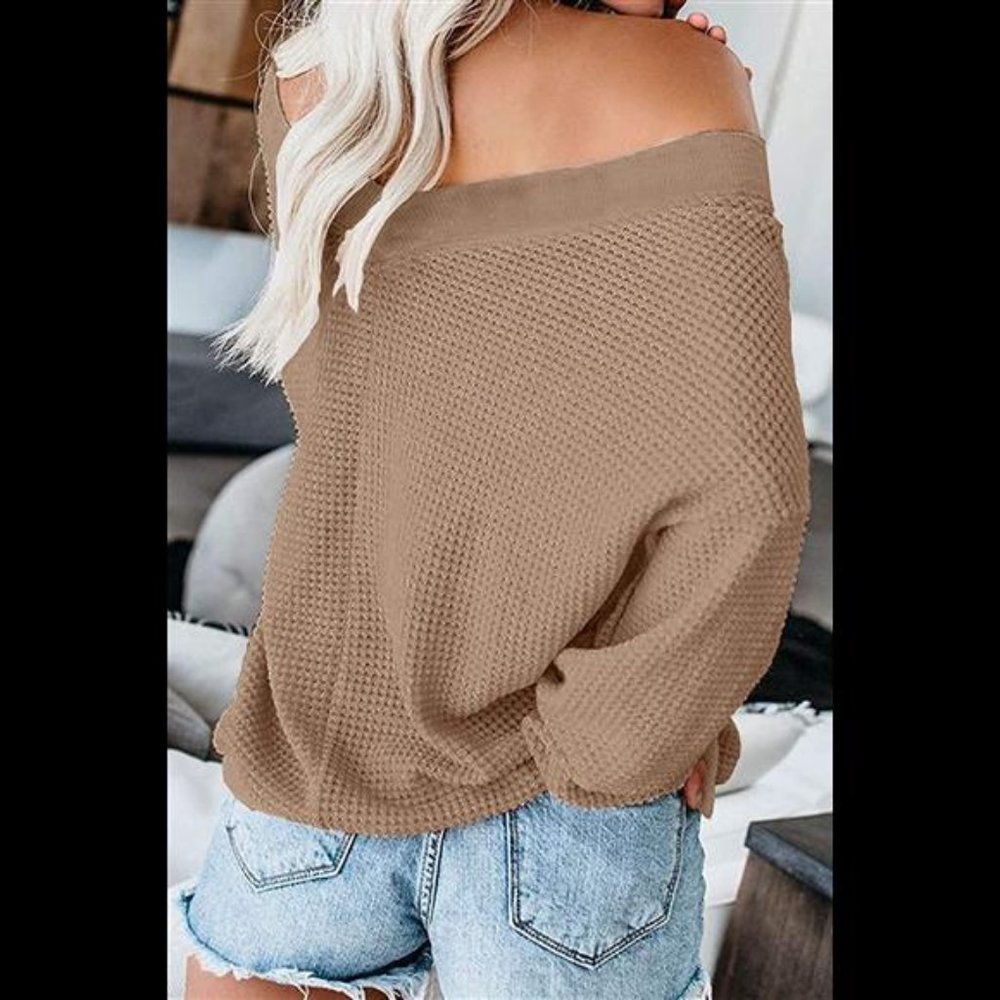 Womens Oversized Off The Shoulder Tops Long Sleeve Waffle Knit Top Medium - Picture 2 of 2